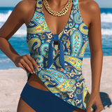 Tankini Con Escote En V Y Tirantes Cruzados Impreso
