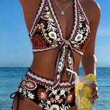 Bikini Vintage Floral Impreso Halter