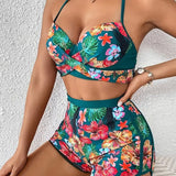 Maillot de baño casual con estampado floral de tres piezas