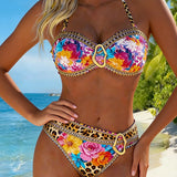 Bikini de Cuello Halter de Leopardo con Hebilla Metálica