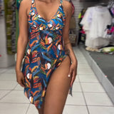 Maillot de Baño de Una Pieza Colorido Impreso con Corte Lateral y Tirantes