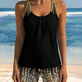 Maillot de Baño Brillante Sin Mangas y Parte Inferior de Bikini en Piezas Separadas