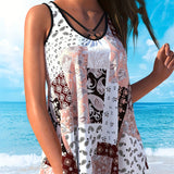 Tankini Sin Mangas Cubriendo El Cuerpo Impreso Boxer