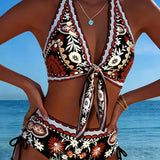 Bikini Vintage Floral Impreso Halter