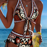 Bikini Vintage Floral Impreso Halter