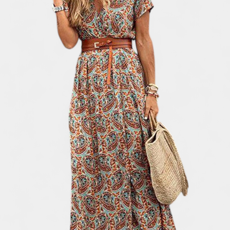 Anfisa Vestido Boho de Verano con Cinturón y Escote en V