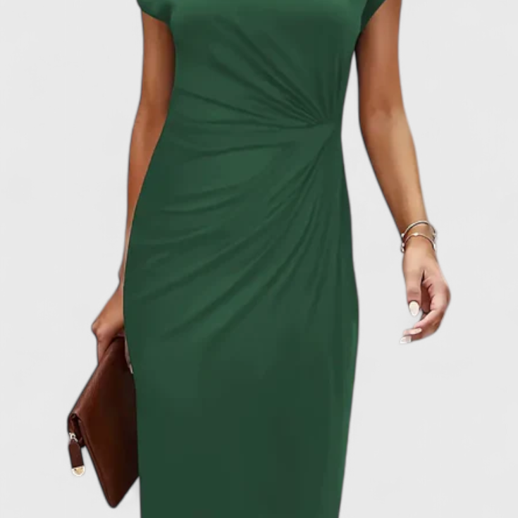Katrina Vestido Midi Atemporal con Cuello Redondo y Detalle Drapeado