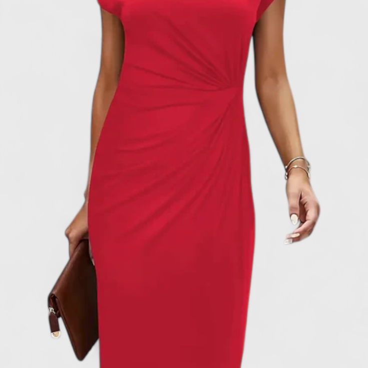 Katrina Vestido Midi Atemporal con Cuello Redondo y Detalle Drapeado