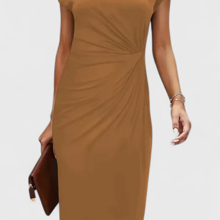 Katrina Vestido Midi Atemporal con Cuello Redondo y Detalle Drapeado