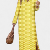 Brisa Vestido Largo Geométrico con Abertura y Escote en V