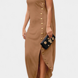 Aphrodite Vestido Asimétrico con Botones Dorados Decorativos