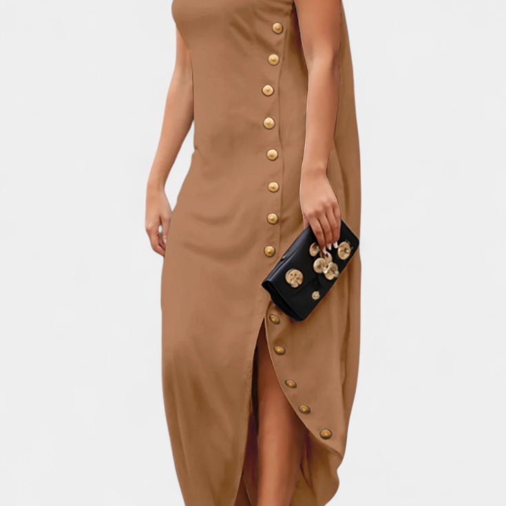 Aphrodite Vestido Asimétrico con Botones Dorados Decorativos