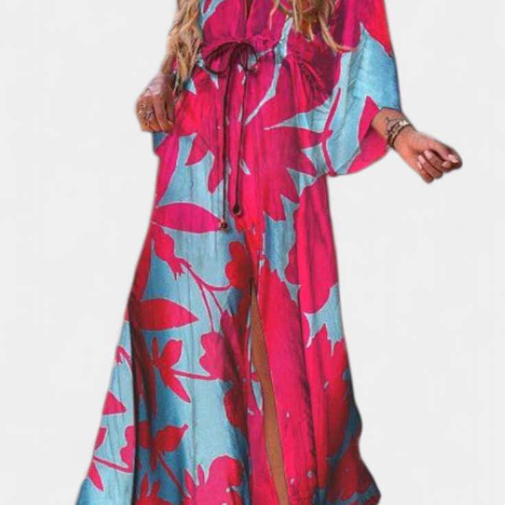 Joelle Vestido Maxi Arcoíris con Escote en V y Manga Murciélago