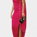 Aphrodite Vestido Asimétrico con Botones Dorados Decorativos