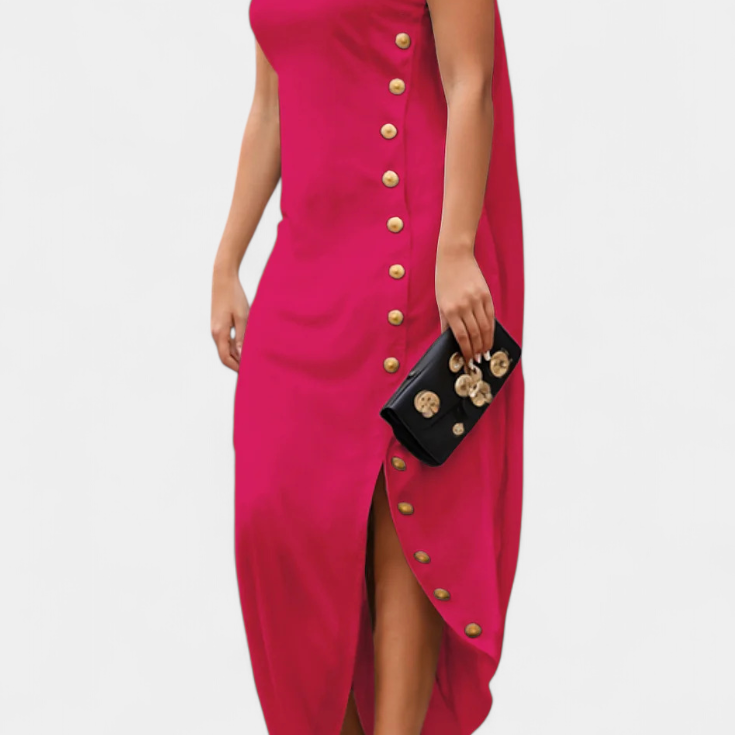 Aphrodite Vestido Asimétrico con Botones Dorados Decorativos