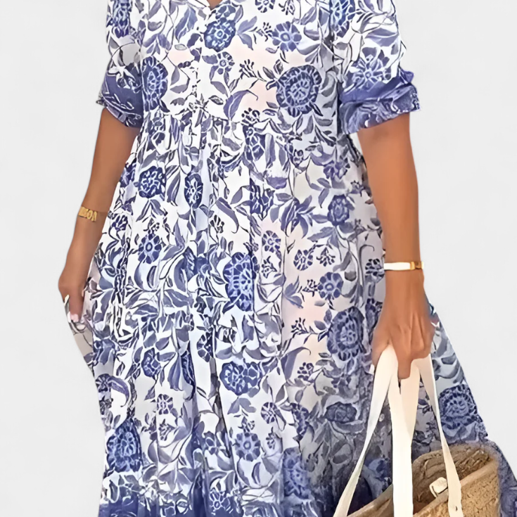Elcira Vestido Bohemio Floral con Escote en V y Volantes