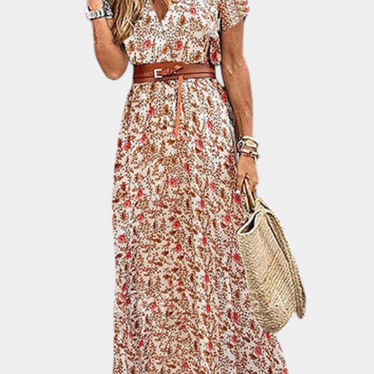 Anfisa Vestido Boho de Verano con Cinturón y Escote en V