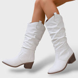 Botas Altas de Cuero Estilo Western para Mujer – Diseño Plisado con Tacón Grueso