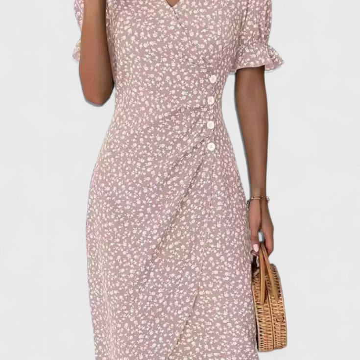 Joana Vestido Midi Floral con Escote en V y Mangas Cortas