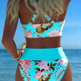 Bikini Floral de Contraste con Corte