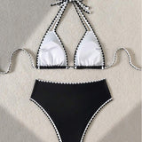 Bikini Sexy de Color Contrastado con Corte en Triángulo