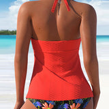 Maillot de baño tankini de espalda descubierta plisado con estampado floral