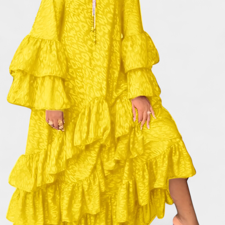 Eliselle Vestido Maxi Asimétrico con Volantes y Mangas Acampanadas