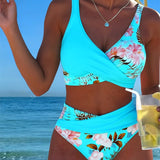 Bikini Floral de Contraste con Corte