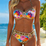 Bikini de Cuello Halter de Leopardo con Hebilla Metálica