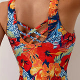 Bañador De Una Pieza Cuello Redondo Tirantes Anchos Floral