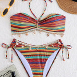 Bikini Casual Rayas Arcoíris con Flecos