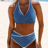 Bikini de vacaciones simple de espalda descubierta plisado