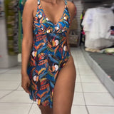 Maillot de Baño de Una Pieza Colorido Impreso con Corte Lateral y Tirantes