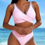 Bikini Contraste de Color Cuello en V Con Corte