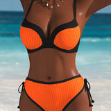 Bikini de Contraste de Color Push-Up con Cuerda de Ajuste