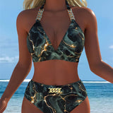 Bikini de Cintura Alta con Cadena y Sujetador Impreso