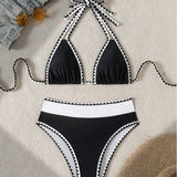 Bikini Sexy de Color Contrastado con Corte en Triángulo