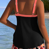 Tankini Con Escote En V Impreso Boxer Deportivo
