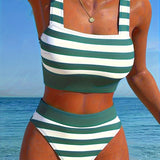 Bikini Cami Rayado de Dos Piezas en Bloque de Color