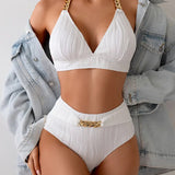 Bikini de Cintura Alta Sexy con Escote Profundo y Cadena