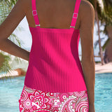 Tankini de Dos Piezas Impreso Sin Mangas Espalda Descubierta