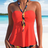 Maillot de baño tankini de espalda descubierta plisado con estampado floral