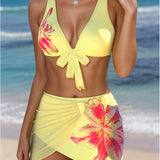 Bikini Con Estampado de Pétalos y Falda Estilo Dos Piezas