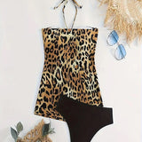 Tankini Dos Nu Escote A-Línea Impresión Leopardo Triángulo