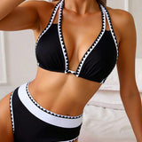 Bikini Sexy de Color Contrastado con Corte en Triángulo