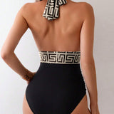 Maillot de Baño Impreso Contrastado Espalda Descubierta Una Pieza