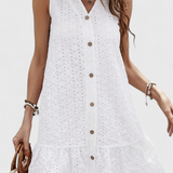 Halina Vestido Blanco de Algodón Bordado con Botones y Dobladillo Ondulado