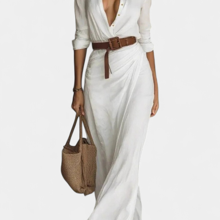 Souline Vestido Maxi con Solapa y Manga Larga