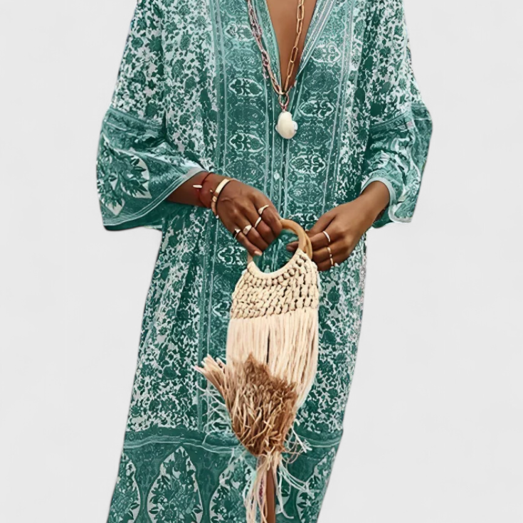 Chinara Vestido Largo Boho con Bordado Étnico y Silueta Relajada