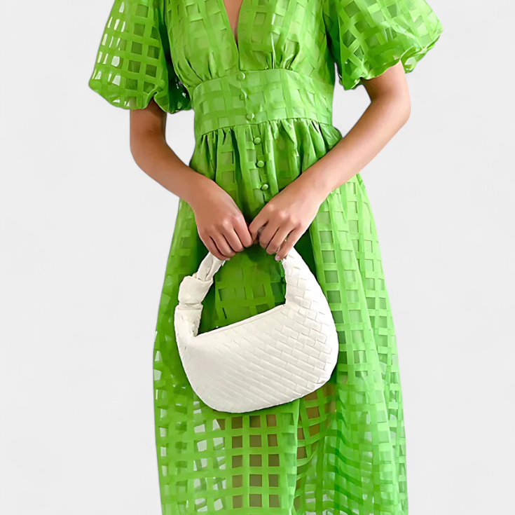 Marigold Vestido Midi de Manga Abullonada con Patrón de Cuadrados